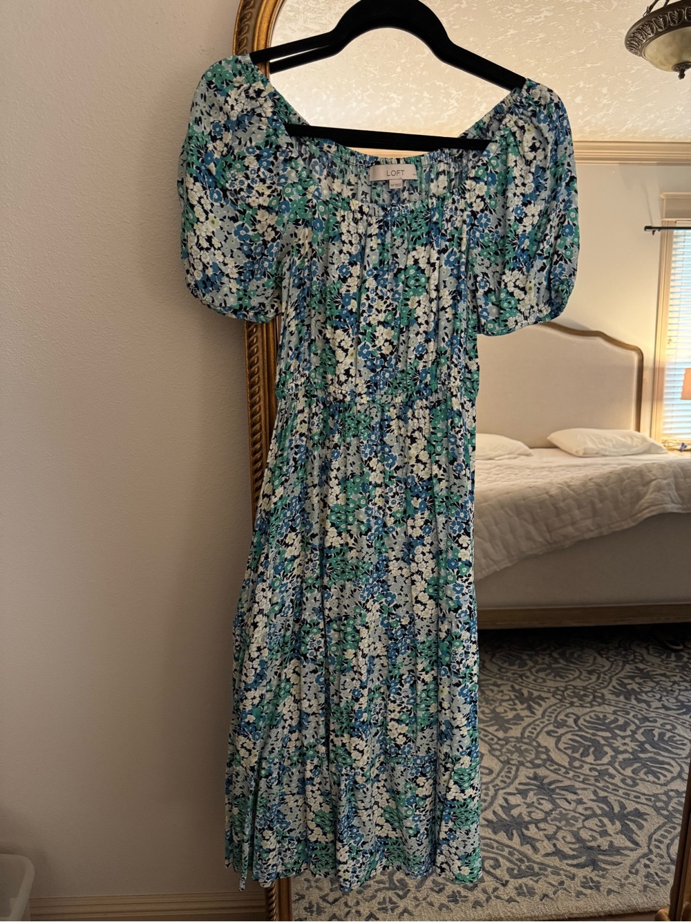 LOFT Blue, Green & White Floral Puff-Sleeve Midi Dress